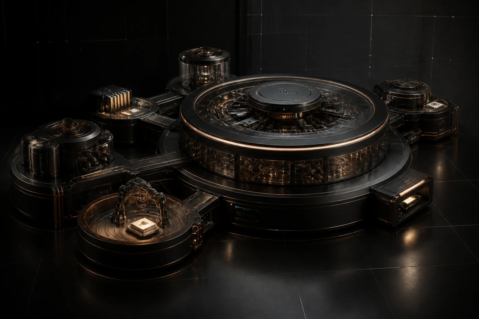 A precision-built circular production engine connected to coordinated modular stations